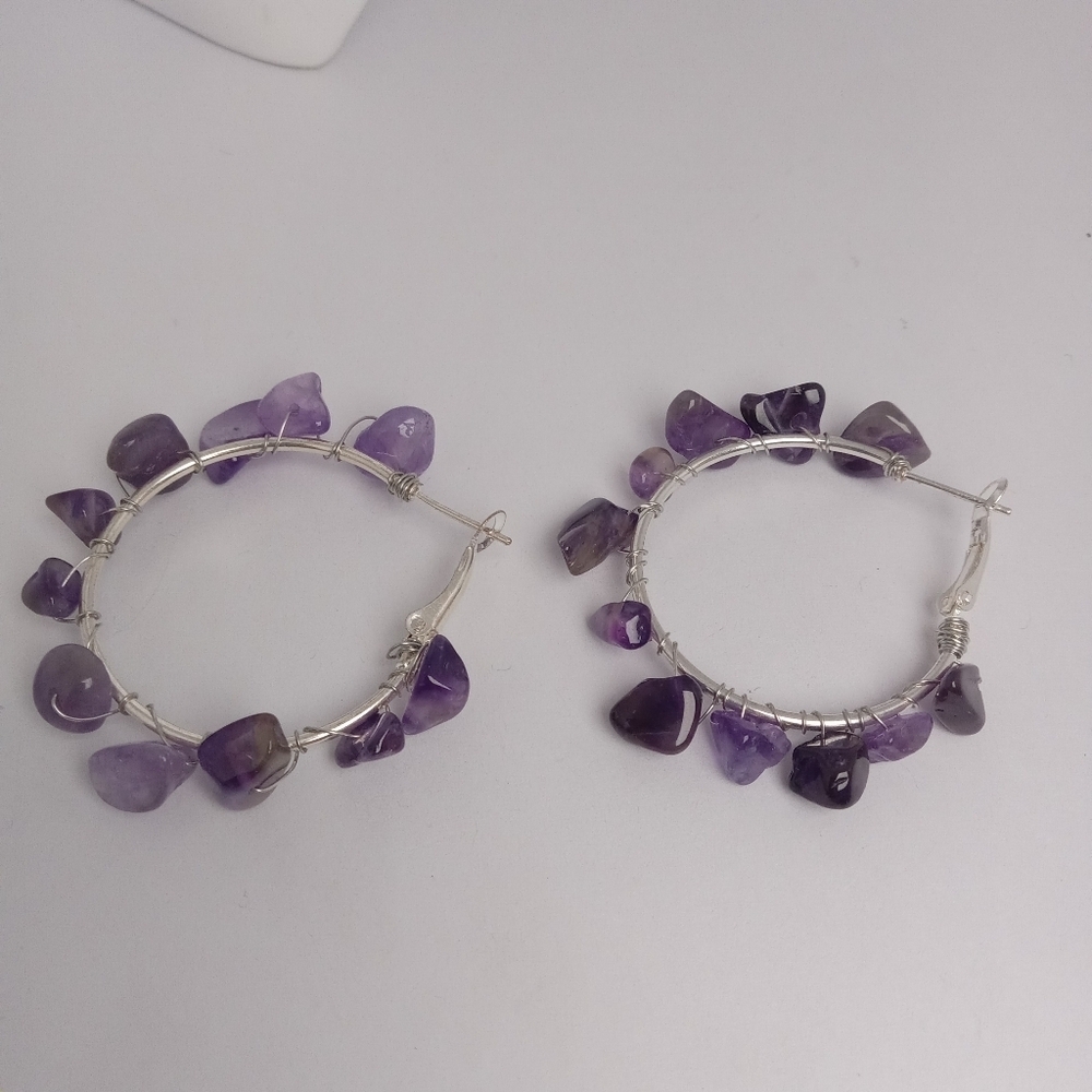 Purple amethyst Stone silver plated Hoop Earrings - Picture 4 of 6
